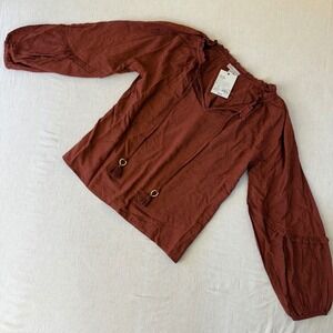 Knox Rose Rust Brown Clip Dot Peasant Blouse Tassel Tie Balloon Sleeve NWT XS